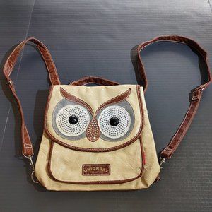 Unionbay Purse Backpack With Owl Face Rhinestones Faux Leather Tan